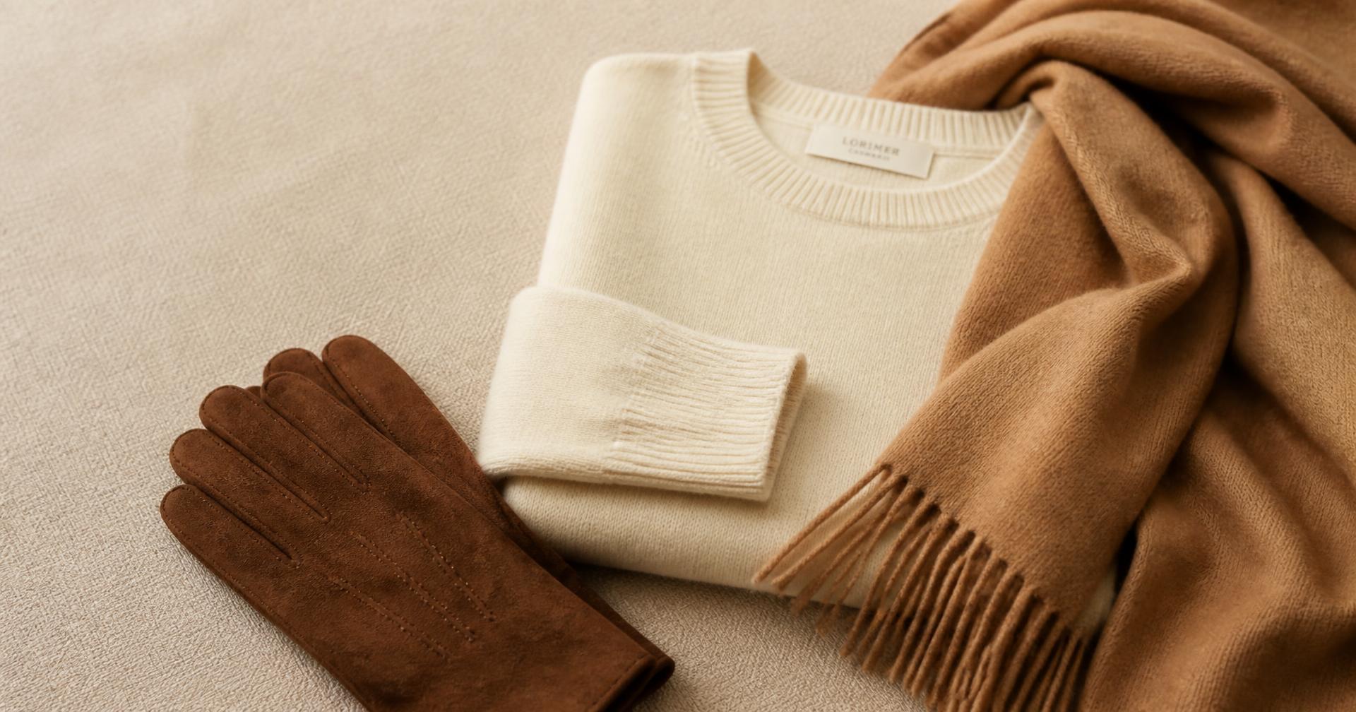 Cashmere trui, wollen sjaal en suède handschoenen in warme tinten